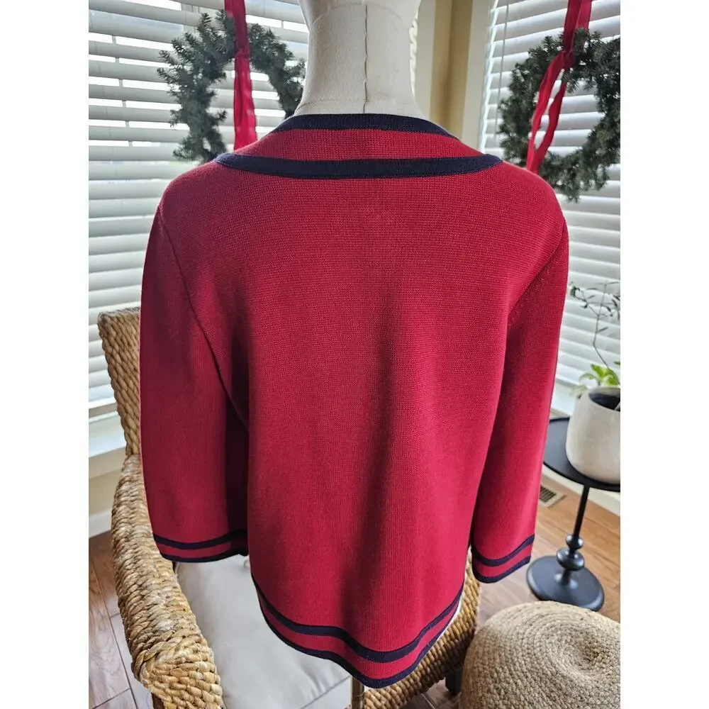 Talbots Red & Navy Blue Cardigan Sweater Womens‎ Size M Preppy Nautical